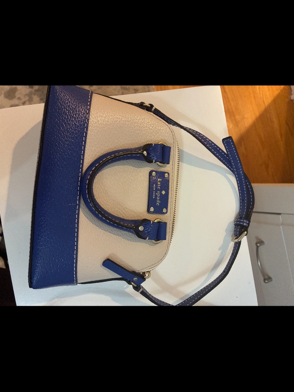 kate spade Cream and Blue Leather Dome Satchel with Gold Hardware